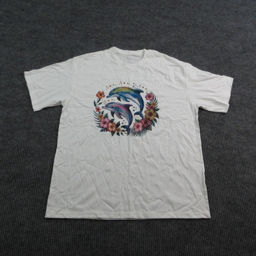 Dolphin Tropical Shirt Mens 2XL White Cotton Jersey Relaxed Fit Graphic Tee